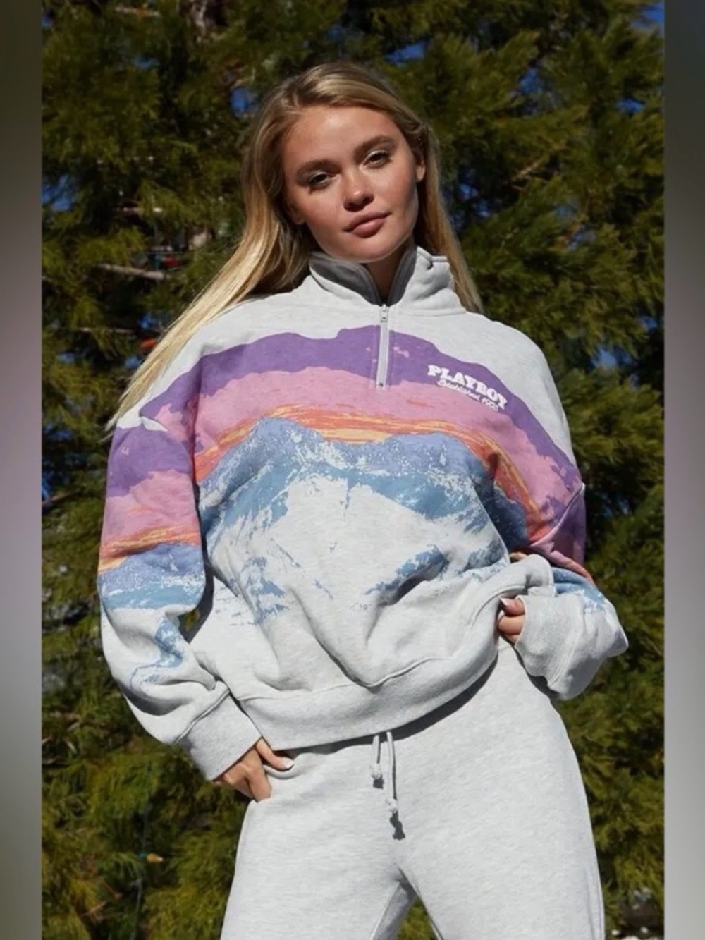 PLAYBOY Light Gray Half-Zip Pullover with Purple & Pink Landscape Print
